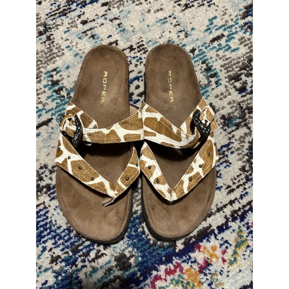Roper Helena Thong Footbed Sandals Leopard Giraffe Faux Fur Print Women's Size 8